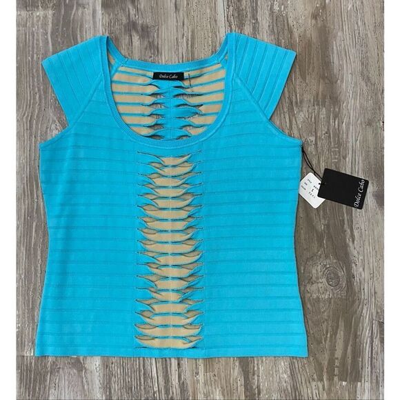 Dolce Cabo Aqua Blue Cutout Shirt Blouse Sz L - Picture 1 of 6